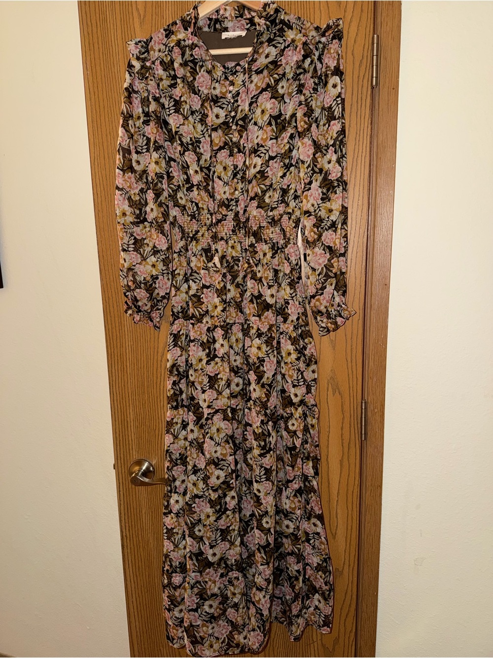 Size Small Bohme Women's Black Floral Maxi Dress with Pink & Cream Flowers